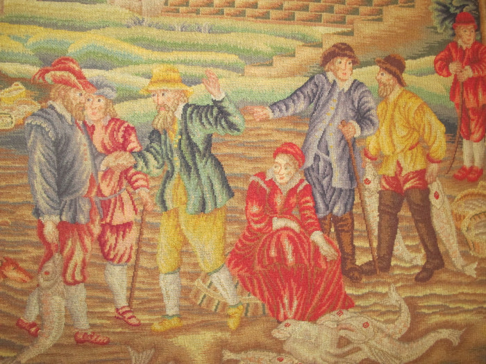 Petit-Point Panel, 'The Fish Quay', After Teniers